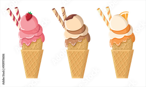 Set of ice cream cones with various flavors. Ice cream in strawberry, tiramisu, orange flavors. Cartoon vector illustration icons