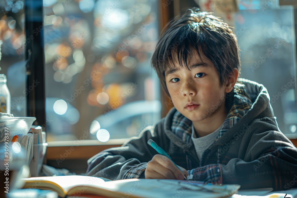 Young boy studying at home with a pen and notebook in a cozy indoor setting Young boy studying at home with a pen and notebook in a cozy indoor setting