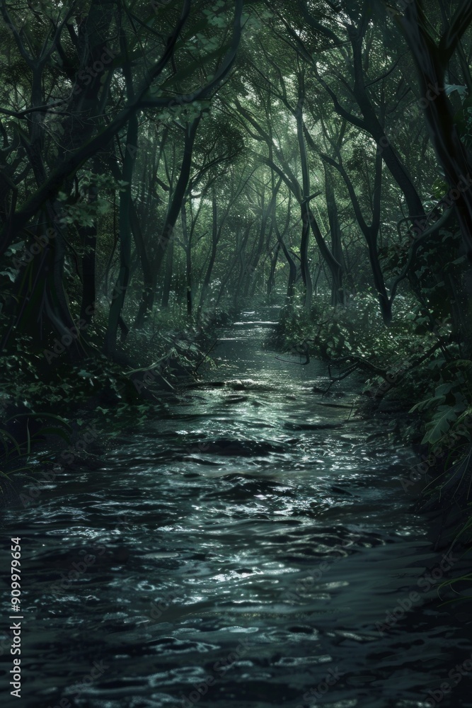 A slow-moving river through a dense, silent dark forest A slow-moving river through a dense, silent dark forest