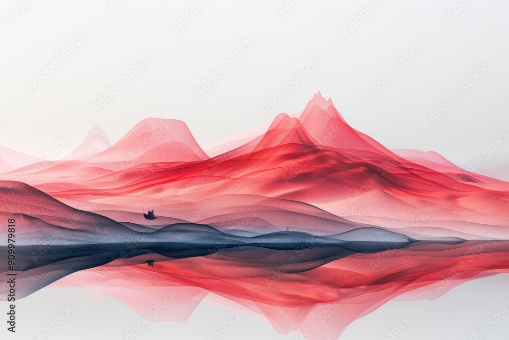 Minimalist abstract landscape with mountains in red and blue tones reflecting on water Minimalist abstract landscape with mountains in red and blue tones reflecting on water