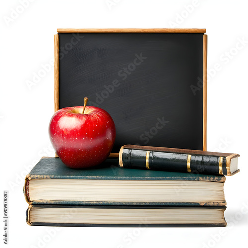 back to school. accessories, books and fresh apple against chalkboard isolated on white background, photo, png photo