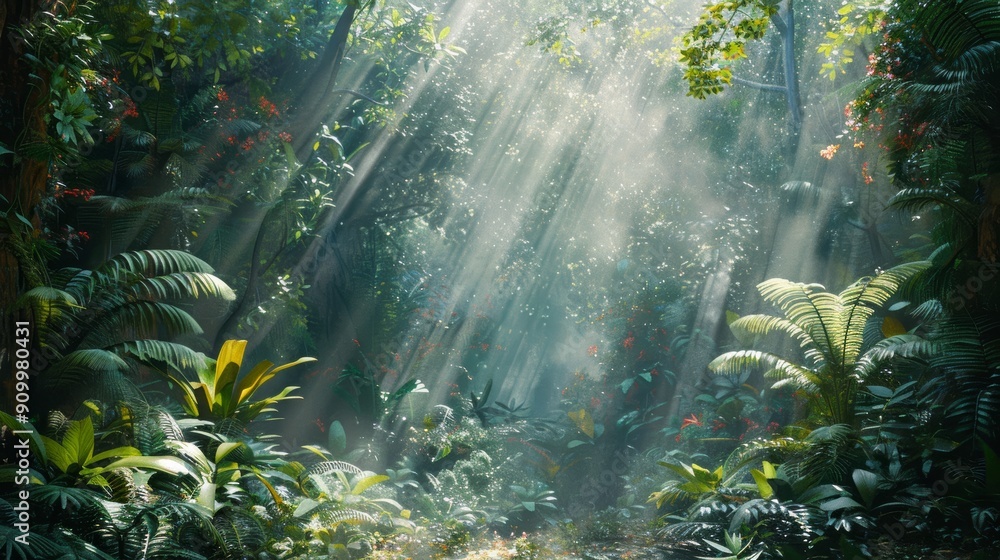 Forest background with sunbeams shining through lush greenery Forest background with sunbeams shining through lush greenery