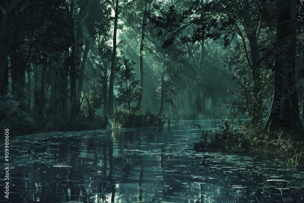 A slow-moving river through a dense, silent dark forest A slow-moving river through a dense, silent dark forest