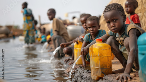 A group of children are sitting in the water, filling up their water bottles photo