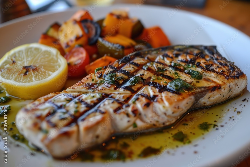 A plate of grilled swordfish steaks, served with a side of roasted vegetables and a drizzle of lemon herb sauce. A plate of grilled swordfish steaks, served with a side of roasted vegetables and a drizzle of lemon herb sauce.