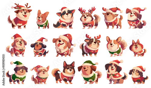 Cartoon dogs in christmas costumes set. Pets in santa hat, reindeer and elf clothes. Vector xmas decoration characters isolated on white background