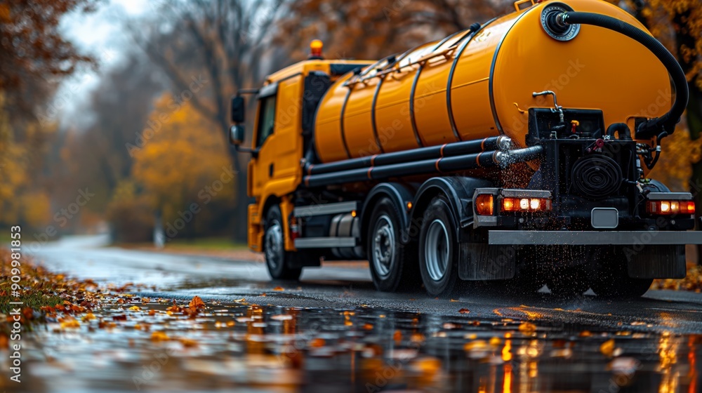 A sewage truck splashes through puddles on a rain-soaked autumn road, framed by golden leaves. A sewage truck splashes through puddles on a rain-soaked autumn road, framed by golden leaves.