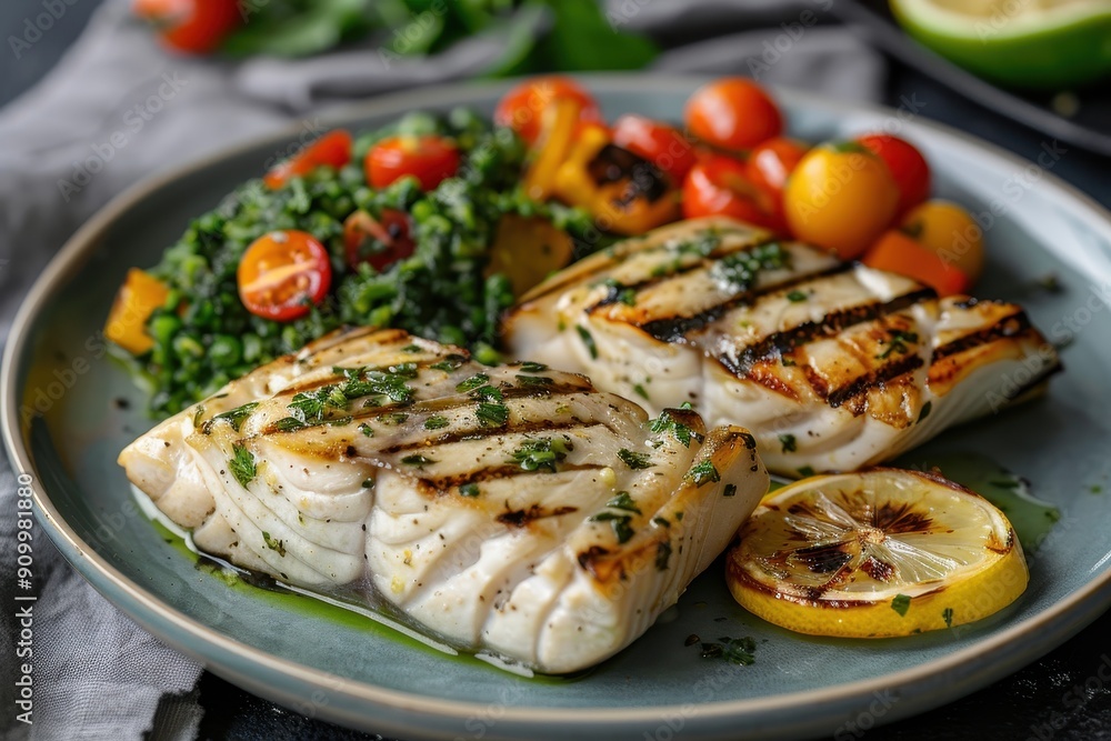 A plate of grilled swordfish steaks, served with a side of roasted vegetables and a drizzle of lemon herb sauce. A plate of grilled swordfish steaks, served with a side of roasted vegetables and a drizzle of lemon herb sauce.