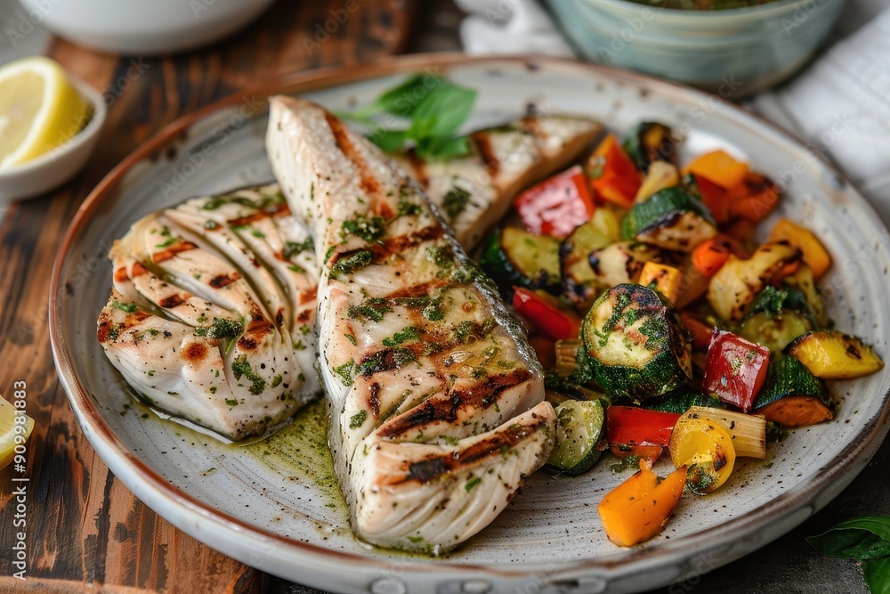 A plate of grilled swordfish steaks, served with a side of roasted vegetables and a drizzle of lemon herb sauce. A plate of grilled swordfish steaks, served with a side of roasted vegetables and a drizzle of lemon herb sauce.