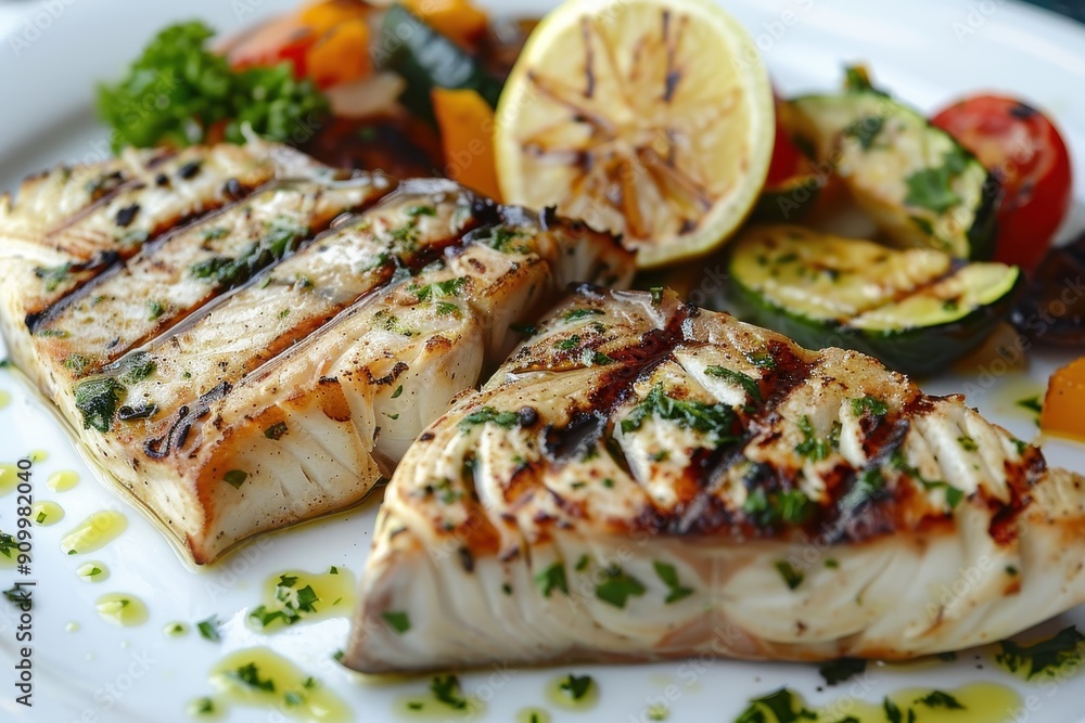 A plate of grilled swordfish steaks, served with a side of roasted vegetables and a drizzle of lemon herb sauce. A plate of grilled swordfish steaks, served with a side of roasted vegetables and a drizzle of lemon herb sauce.