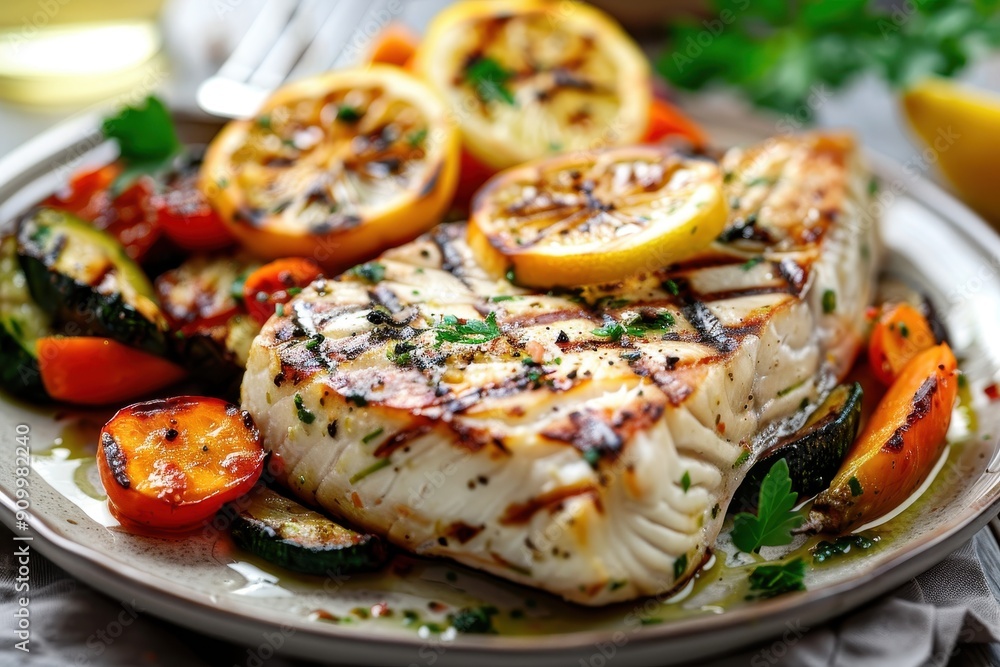A plate of grilled swordfish steaks, served with a side of roasted vegetables and a drizzle of lemon herb sauce. A plate of grilled swordfish steaks, served with a side of roasted vegetables and a drizzle of lemon herb sauce.