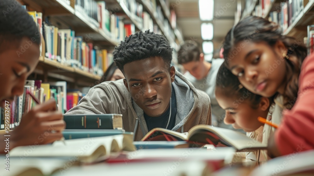 A group of teenagers from different backgrounds engages in collaborative study while surrounded by books in a library A group of teenagers from different backgrounds engages in collaborative study while surrounded by books in a library