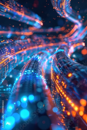 Futuristic Digital Data Stream with Glowing Blue and Orange Light Trails in a High-Tech Network