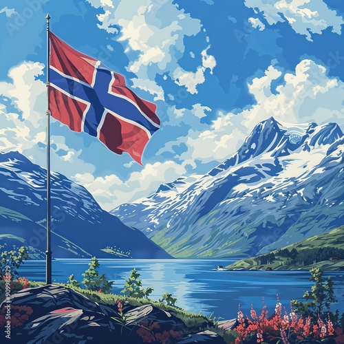 This digital artwork of the Norwegian flag incorporates elements of Norwegian culture, including Viking ships, trolls, and traditional Nordic patterns, forming the iconic red field and blue cross