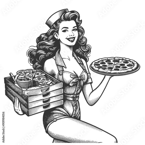 pin-up girl, confidently delivering a stack of pizza boxes with a flirty smile sketch engraving generative ai fictional character vector illustration. Scratch board imitation. Black and white image.