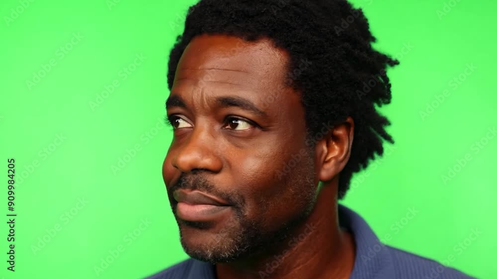 A man with curly hair appears pensive while standing in front of a vivid green background, illuminated in a well-lit studio environment A man with curly hair appears pensive while standing in front of a vivid green background, illuminated in a well-lit studio environment