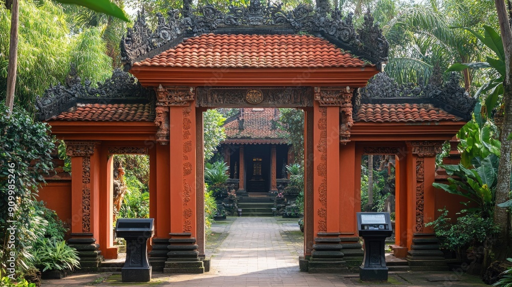 Peaceful Temple Gate with Donation Box and Various Currencies for Giving Generously Peaceful Temple Gate with Donation Box and Various Currencies for Giving Generously