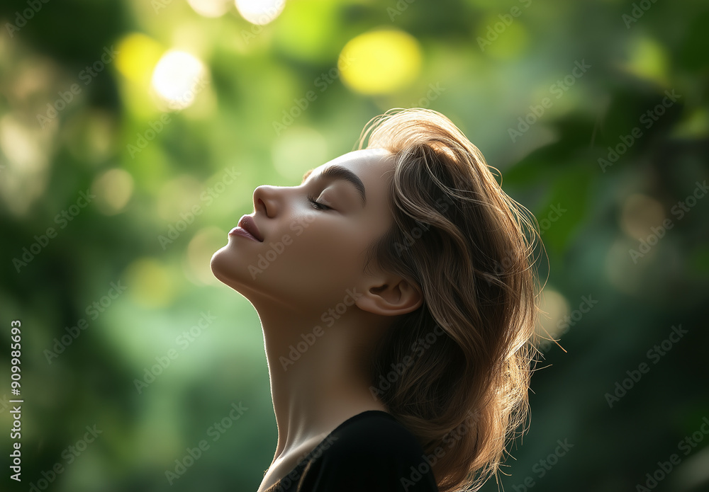 A woman breathes in fresh air, standing outdoors with green trees in the background. her eyes closed as she takes deep breaths to relax or balance herself out after stress A woman breathes in fresh air, standing outdoors with green trees in the background. her eyes closed as she takes deep breaths to relax or balance herself out after stress