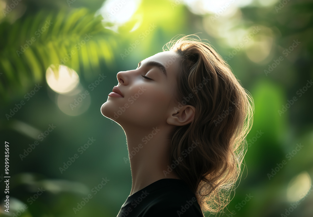 A woman breathes in fresh air, standing outdoors with green trees in the background. her eyes closed as she takes deep breaths to relax or balance herself out after stress A woman breathes in fresh air, standing outdoors with green trees in the background. her eyes closed as she takes deep breaths to relax or balance herself out after stress