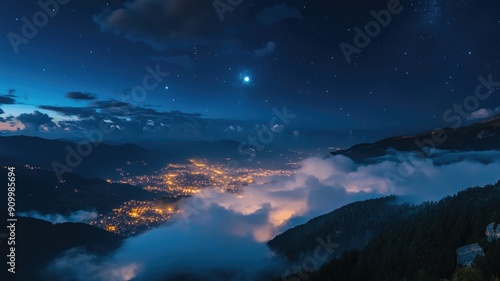 Night sky over mountainous region with city lights below clouds