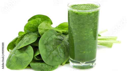 Tall glass of green smoothie with leafy vegetables next to spinach bunch