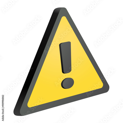 Vector illustration of a volumetric 3D yellow triangular sign "Attention! Danger!" with a black frame, warning, caution, on transparent background