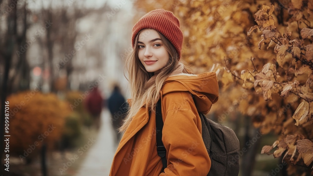 Smiling young woman with backpack in autumn park Smiling young woman with backpack in autumn park