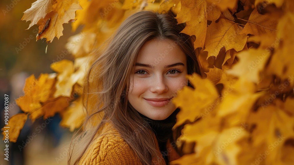 Smiling Caucasian female in autumn woods with yellow leaves Smiling Caucasian female in autumn woods with yellow leaves