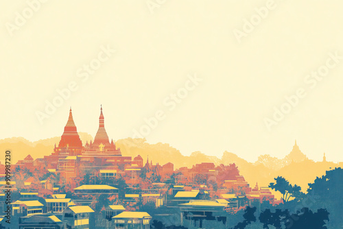 Risograph halftone riso print travel poster, card, wallpaper or banner illustration, modern, isolated, clear, simple of Pyay, Myanmar. Artistic, screen printing, stencil photo