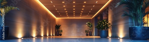 Modern Luxury Hotel Lobby with Ambient Lighting and Elegant Interior Design Featuring Potted Plants and Wooden Ceiling