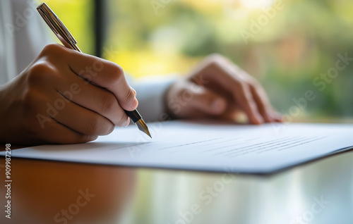 A person writing in an empty notebook, holding the pen with one hand and sitting at their desk. The focus is on capturing details of his hands while he scribbles something onto paper photo