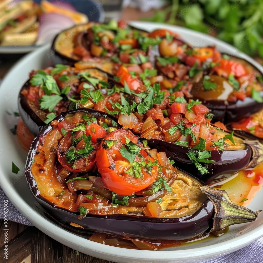 A plate of imam bayildi, eggplants stuffed with tomatoes, onions, and herbs, baked to perfection and garnished with parsley A plate of imam bayildi, eggplants stuffed with tomatoes, onions, and herbs, baked to perfection and garnished with parsley