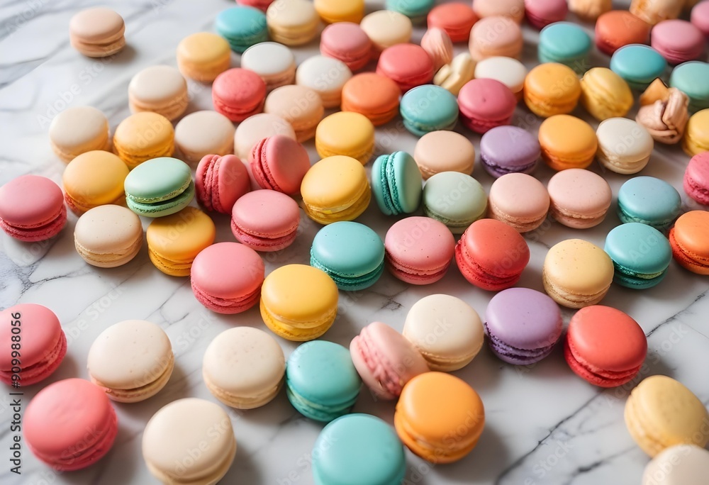 Delicious colorful macarons scattered on a white marble countertop. Delicious colorful macarons scattered on a white marble countertop.
