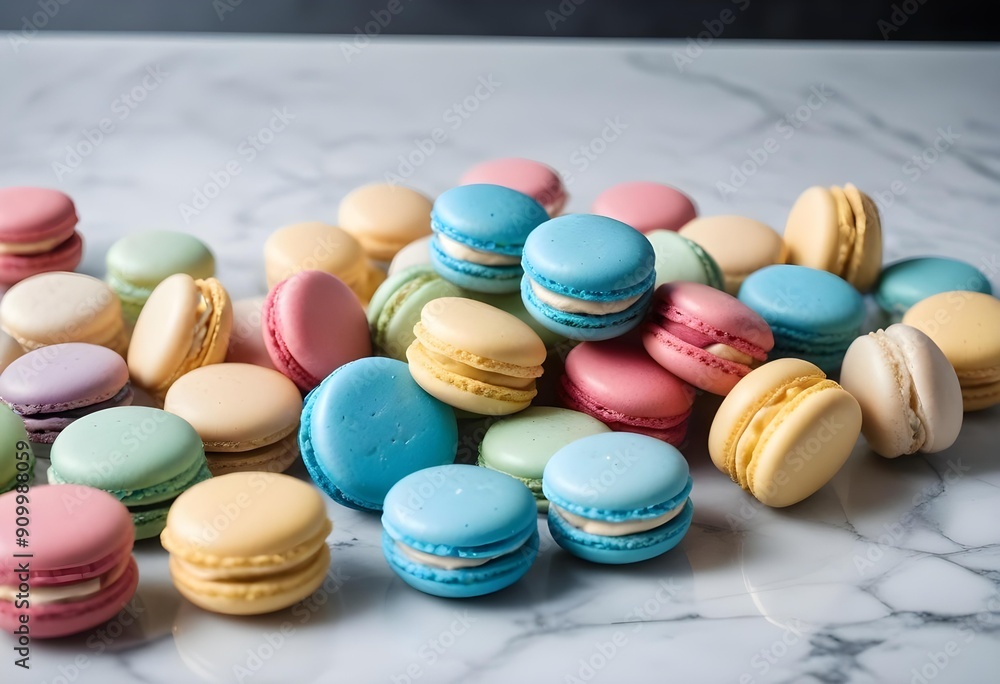 Delicious colorful macarons scattered on a white marble countertop. Delicious colorful macarons scattered on a white marble countertop.