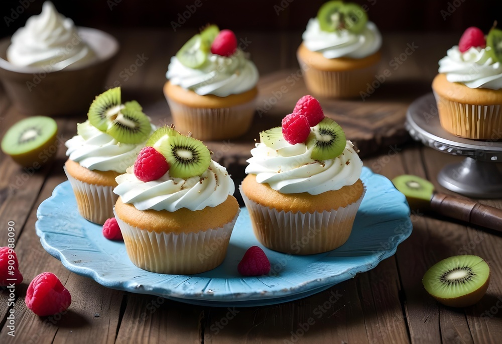 Light-colored cupcakes with whipped cream and fresh fruit, freshly prepared and illuminated with studio lighting, served on an elegant plate. Light-colored cupcakes with whipped cream and fresh fruit, freshly prepared and illuminated with studio lighting, served on an elegant plate.
