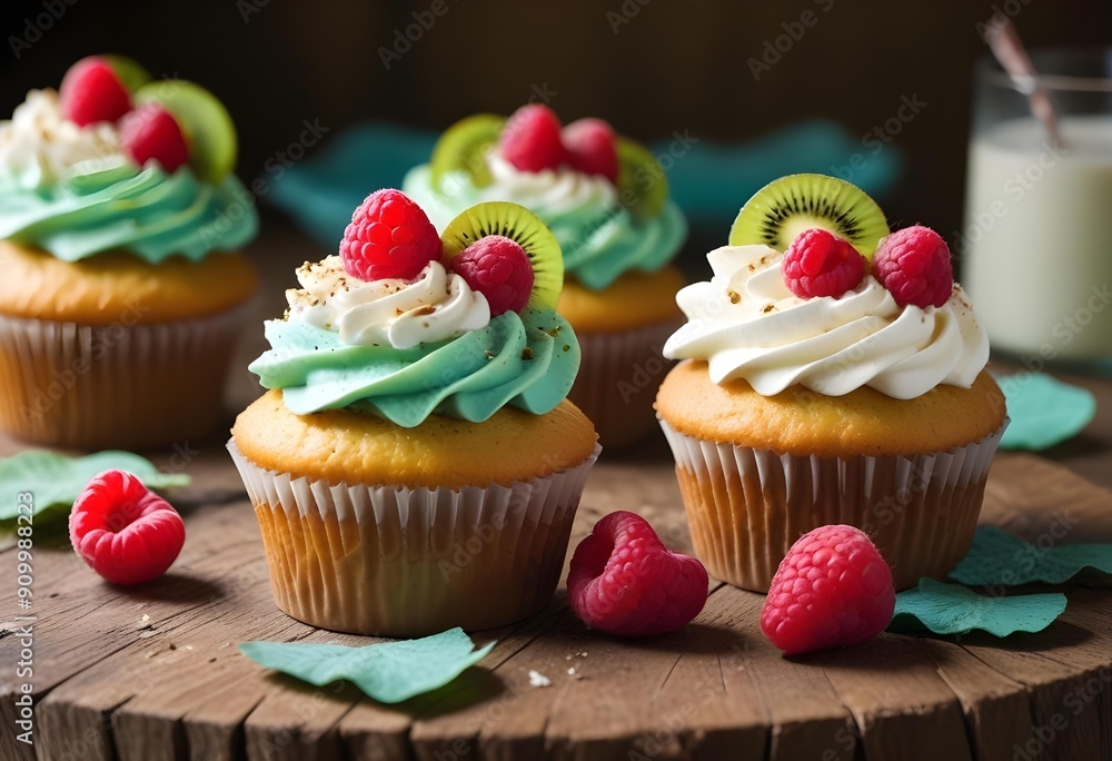 Light-colored cupcakes with whipped cream and fresh fruit, freshly prepared and illuminated with studio lighting, served on an elegant plate. Light-colored cupcakes with whipped cream and fresh fruit, freshly prepared and illuminated with studio lighting, served on an elegant plate.