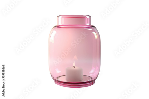 A pink glass candle holder with a lit candle inside, ideal for home decor, creating a cozy atmosphere, and adding a touch of elegance.