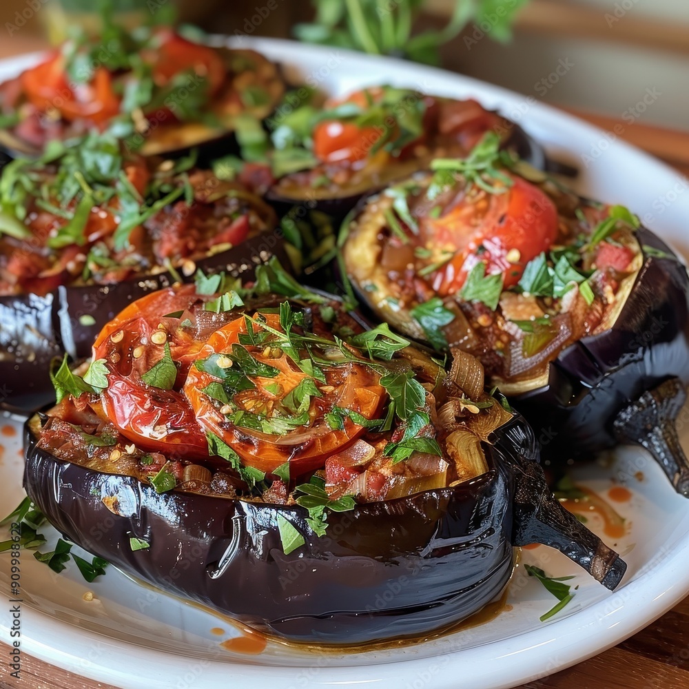 A plate of imam bayildi, eggplants stuffed with tomatoes, onions, and herbs, baked to perfection and garnished with parsley A plate of imam bayildi, eggplants stuffed with tomatoes, onions, and herbs, baked to perfection and garnished with parsley