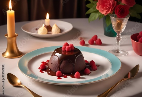 Decadent chocolate fondant drizzled with rich chocolate sauce, garnished with fresh fruits, and served with vanilla ice cream, presented elegantly on a white plate in a sophisticated restaurant or caf