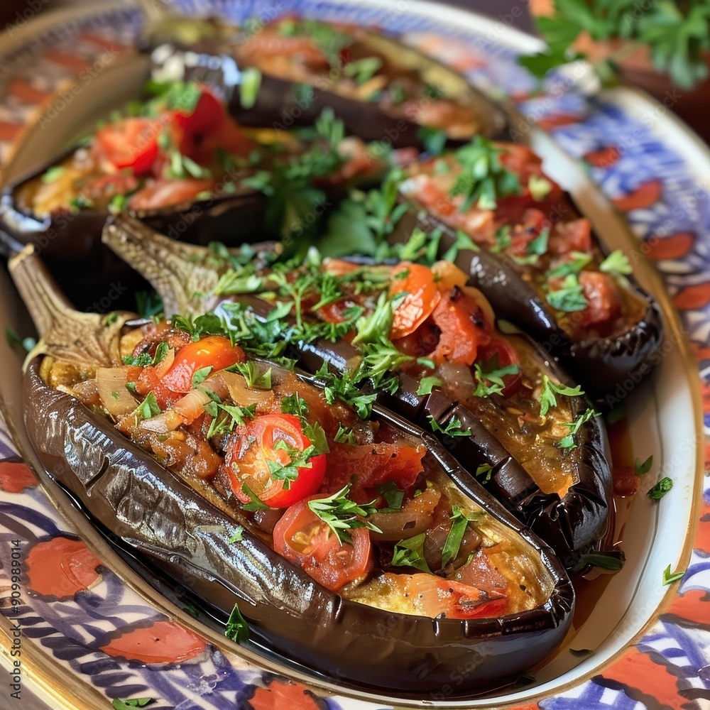 A plate of imam bayildi, eggplants stuffed with tomatoes, onions, and herbs, baked to perfection and garnished with parsley A plate of imam bayildi, eggplants stuffed with tomatoes, onions, and herbs, baked to perfection and garnished with parsley