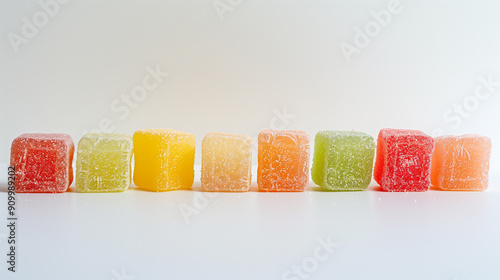 Several fruit chew pieces placed side by side, forming a color gradient on a solid white surface