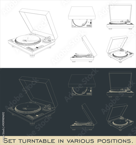 Set vector Turntable playing vinyl close up outline technical drawing isolated in transparent background