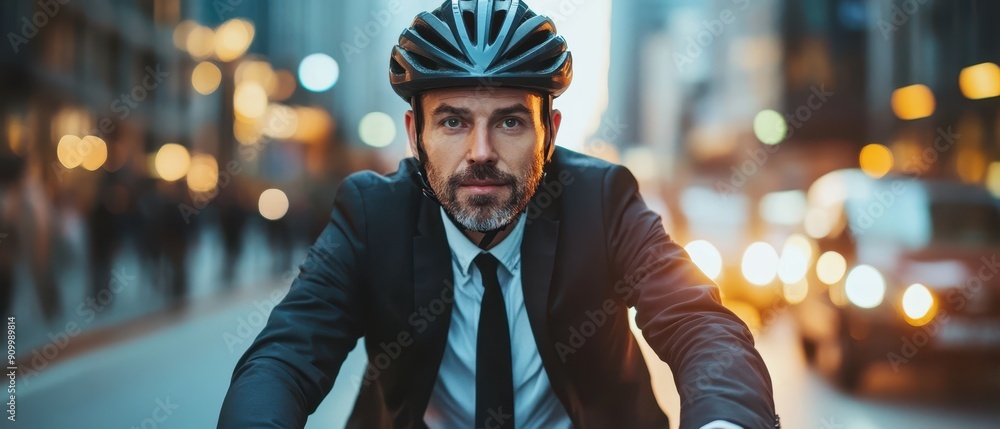 businessman wearing helmet biking with bicycle on road in city to work businessman wearing helmet biking with bicycle on road in city to work