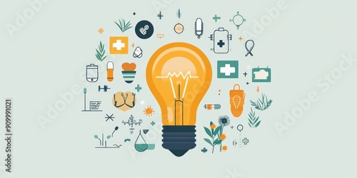 Illuminating Health: Lightbulb Surrounded by Medical and Wellness Illustrations