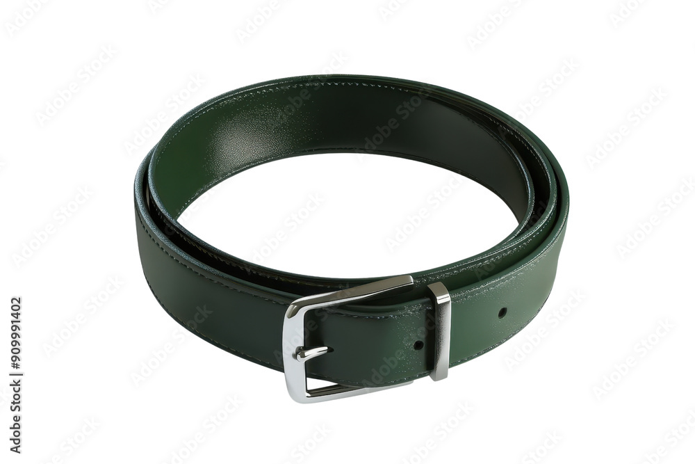 Elegant green leather belt with a shiny silver buckle, perfect accessory for any outfit, offering both style and functionality.