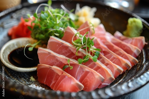 A plate of sashimi tuna, thinly sliced and arranged beautifully, garnished with microgreens and served with soy sauce and wasabi