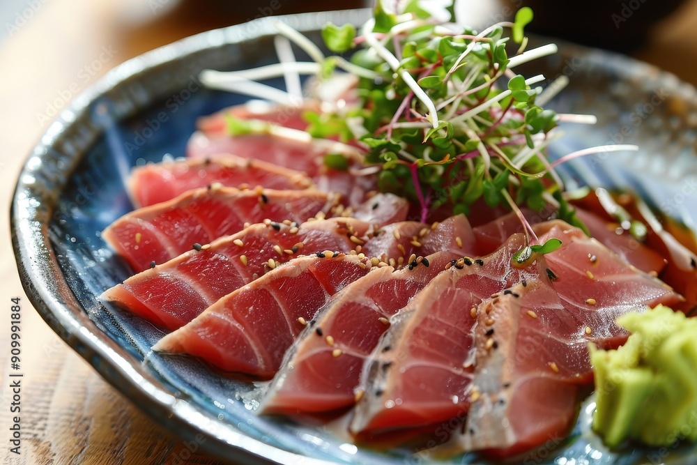 A plate of sashimi tuna, thinly sliced and arranged beautifully, garnished with microgreens and served with soy sauce and wasabi A plate of sashimi tuna, thinly sliced and arranged beautifully, garnished with microgreens and served with soy sauce and wasabi