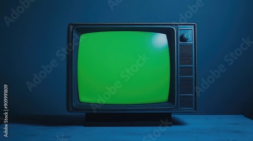 Vintage TV with a green screen on a blue background. photo