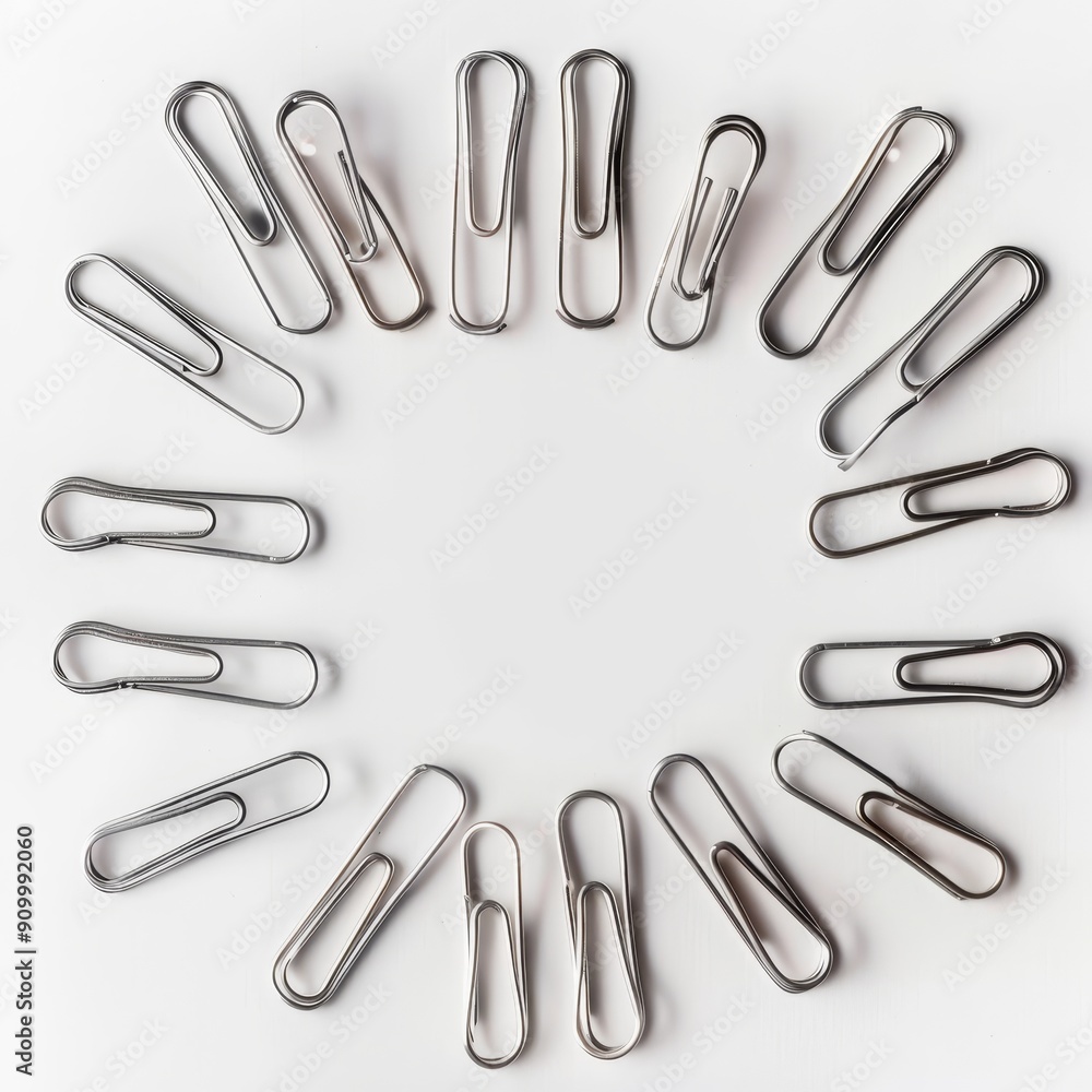 A creative arrangement of silver paper clips in a circular pattern on a white background, perfect for office or stationery themes. A creative arrangement of silver paper clips in a circular pattern on a white background, perfect for office or stationery themes.