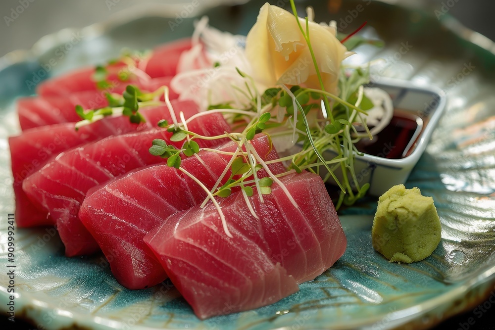 A plate of sashimi tuna, thinly sliced and arranged beautifully, garnished with microgreens and served with soy sauce and wasabi A plate of sashimi tuna, thinly sliced and arranged beautifully, garnished with microgreens and served with soy sauce and wasabi